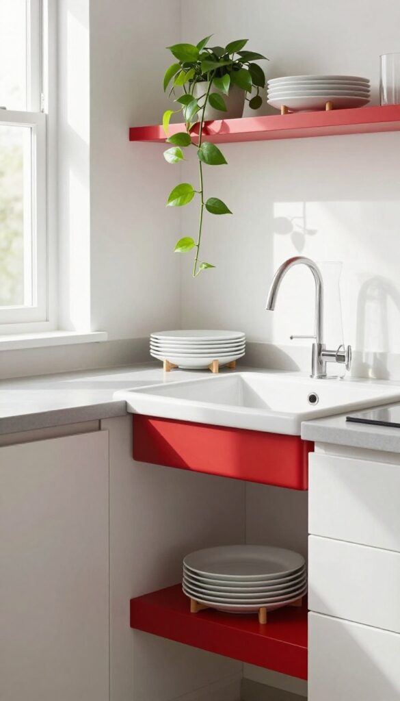 Red open shelving in a bright kitchen with white dishes and a trailing plant