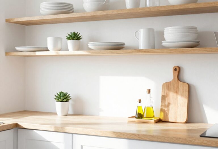 Minimalist kitchen with open shelving, white dishes, and a wooden tray on the counter, bathed in natural light.