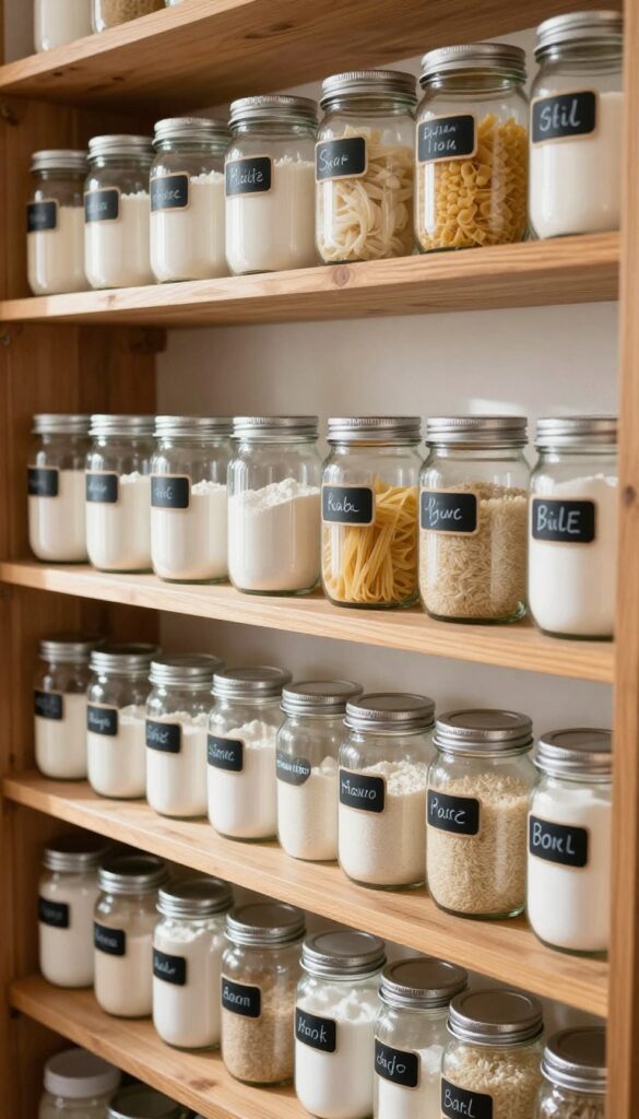 Glass jars with chalkboard labels on open pantry shelves