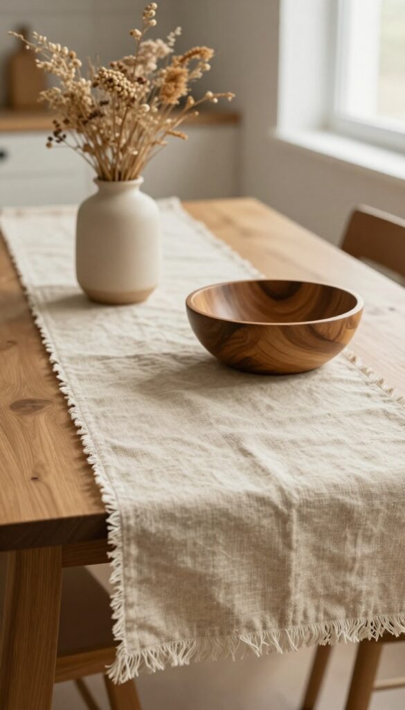 Linen table runner with frayed edges on a kitchen table, styled with ceramic vase and dried flowers