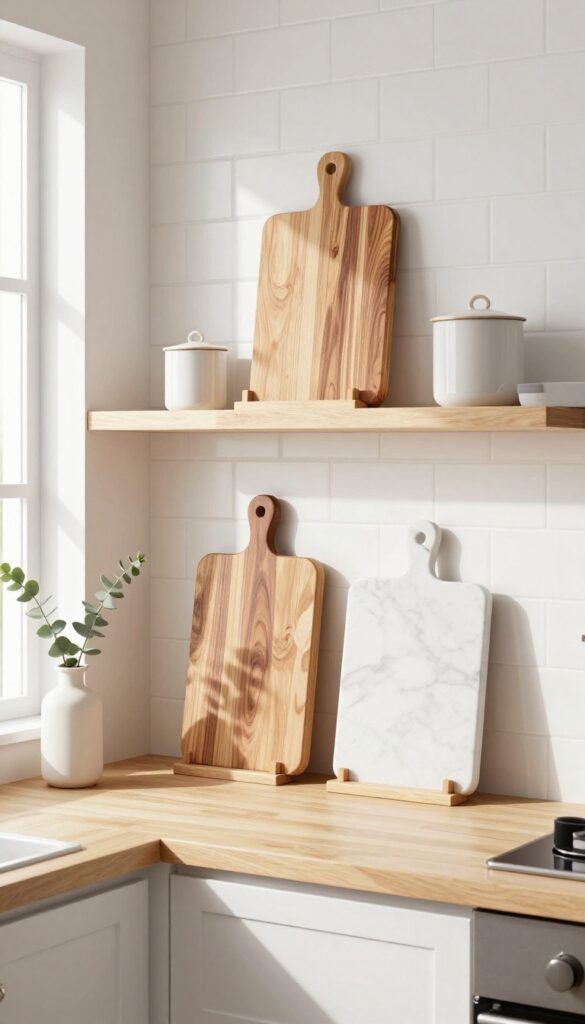 Open shelving in a bright kitchen displaying a collection of wooden and marble cutting boards leaned vertically for texture and warmth.