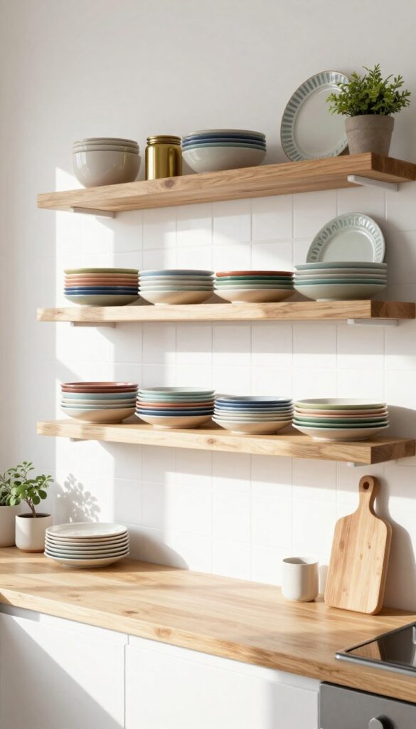 Open shelving in a small Indian kitchen with colorful dishes and brass accents