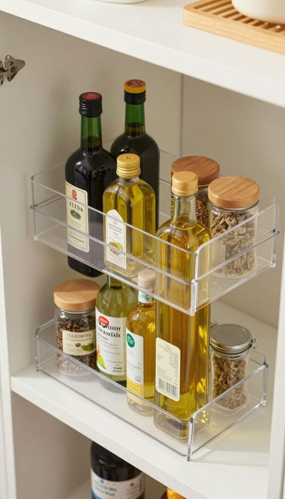 Small pantry corner shelf with a lazy Susan holding neatly arranged bottles and jars, bright natural light, clean modern look.
