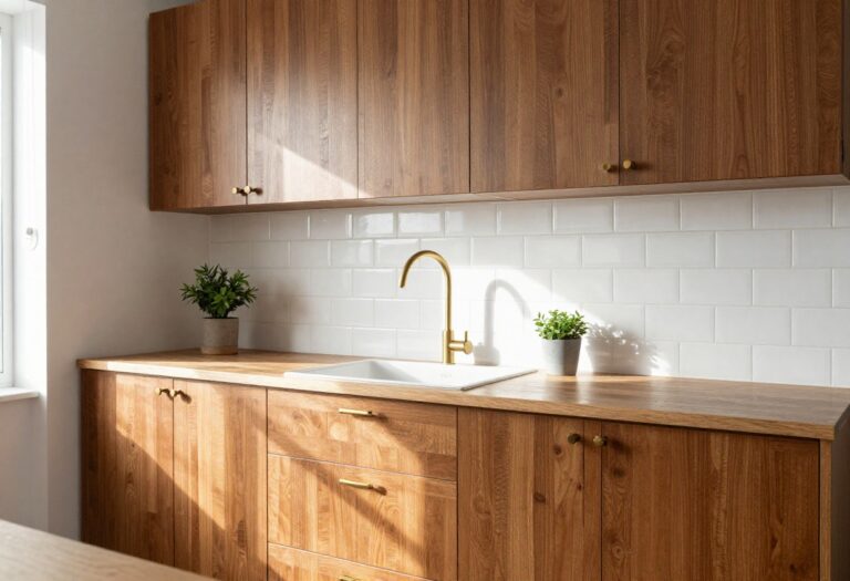 Small kitchen with brown cabinets, white backsplash, brass hardware, and a potted plant on the counter.