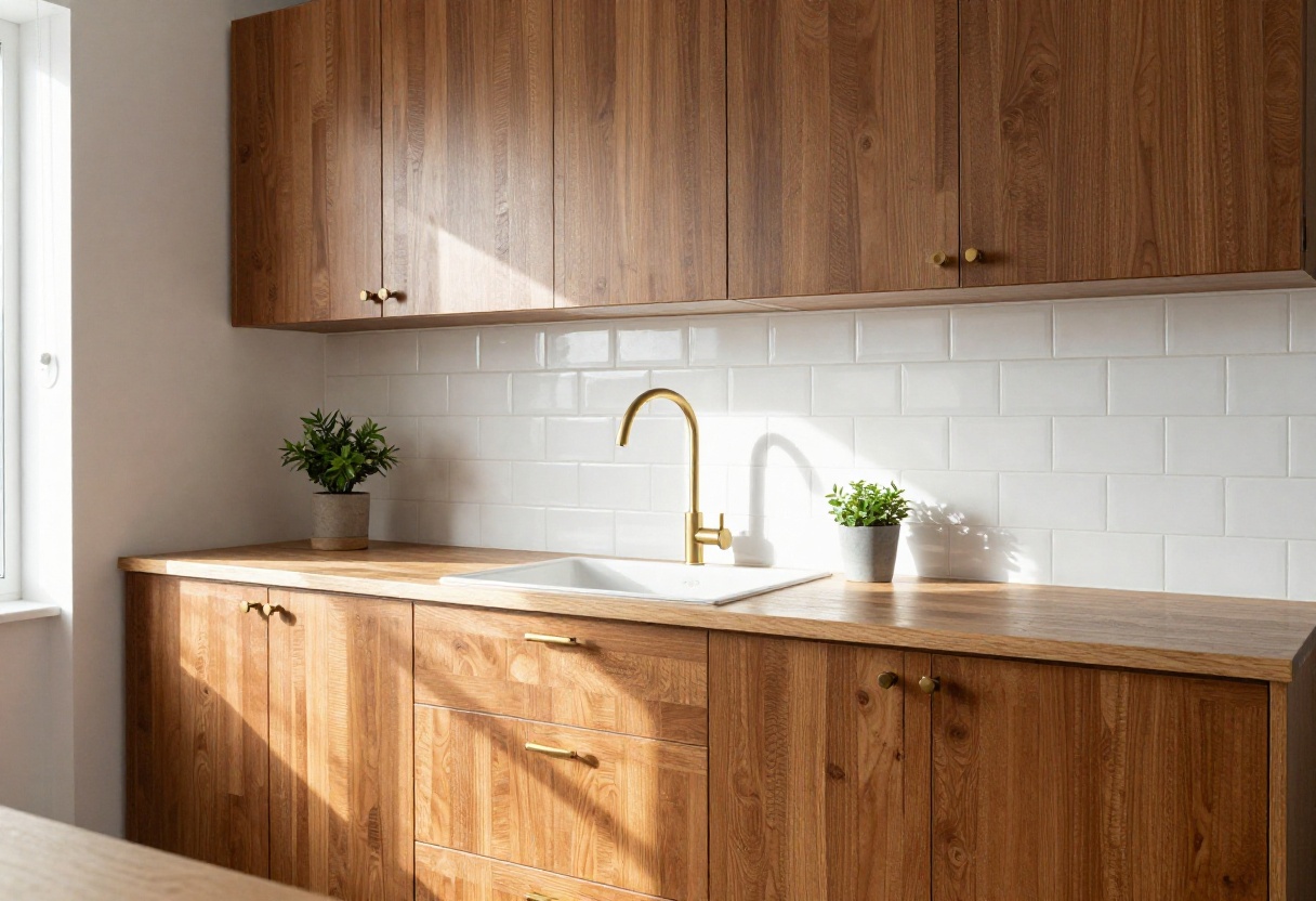 Small kitchen with brown cabinets, white backsplash, brass hardware, and a potted plant on the counter.