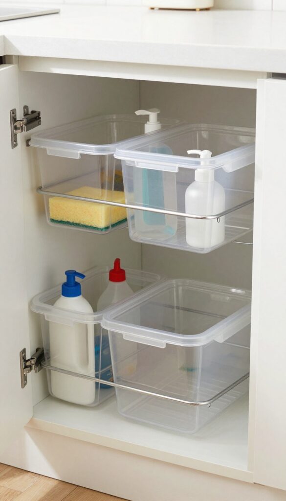 Open under-sink cabinet with clear plastic bins and pull-out drawer organizing cleaning supplies in a small wet kitchen.
