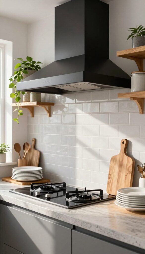 Grey and black kitchen with black range hood, light grey subway tile backsplash, warm wood open shelves, and natural light