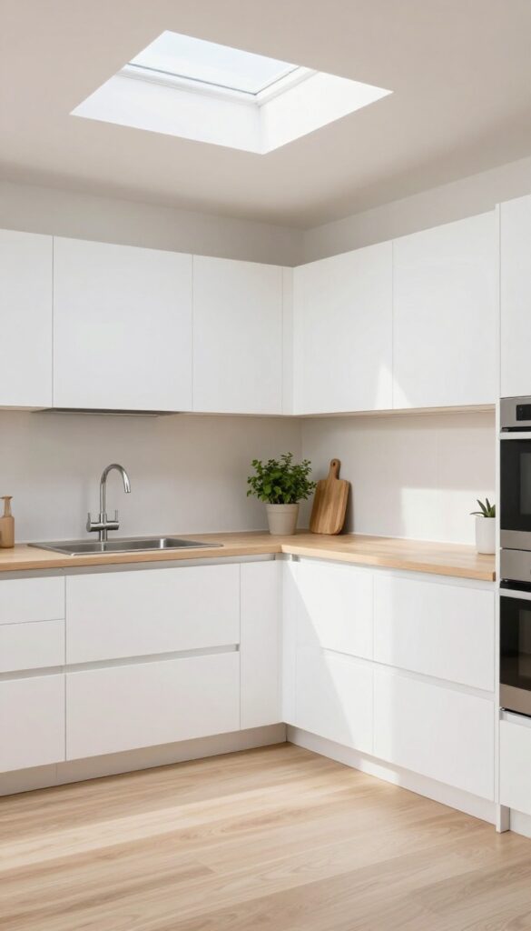 Tubular skylight installed in a galley kitchen ceiling, casting natural light over sink and countertop.