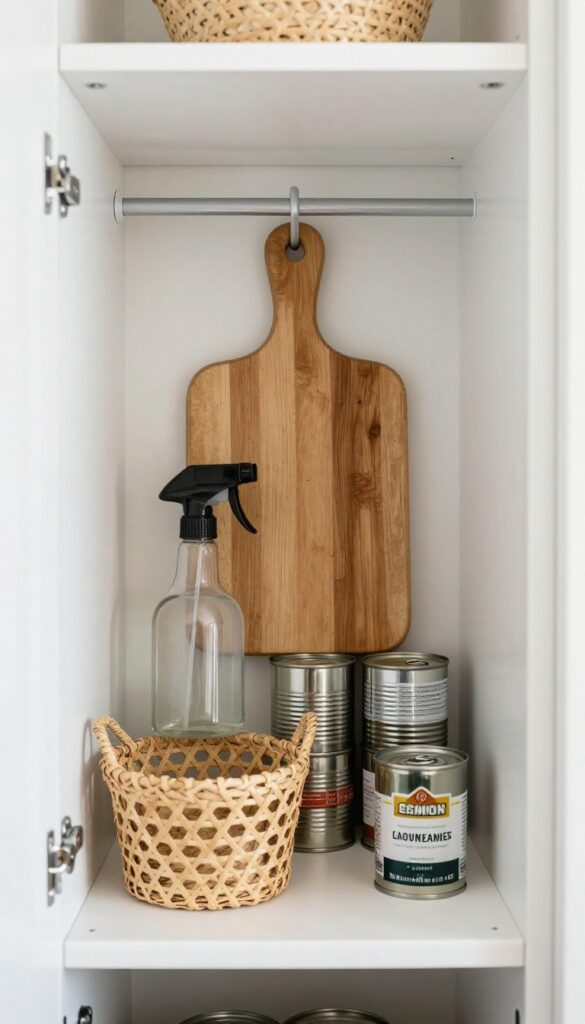 Narrow RV pantry shelf with white tension rod holding cutting board and spray bottle upright, cans and seagrass basket nearby, bright natural light