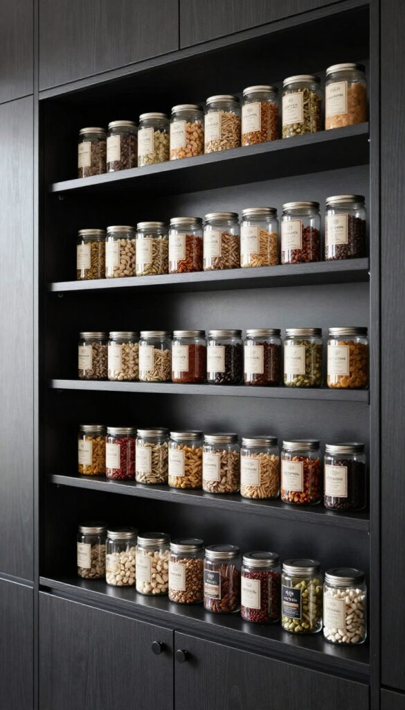 Black tiered shelves in a pantry with organized cans and spices
