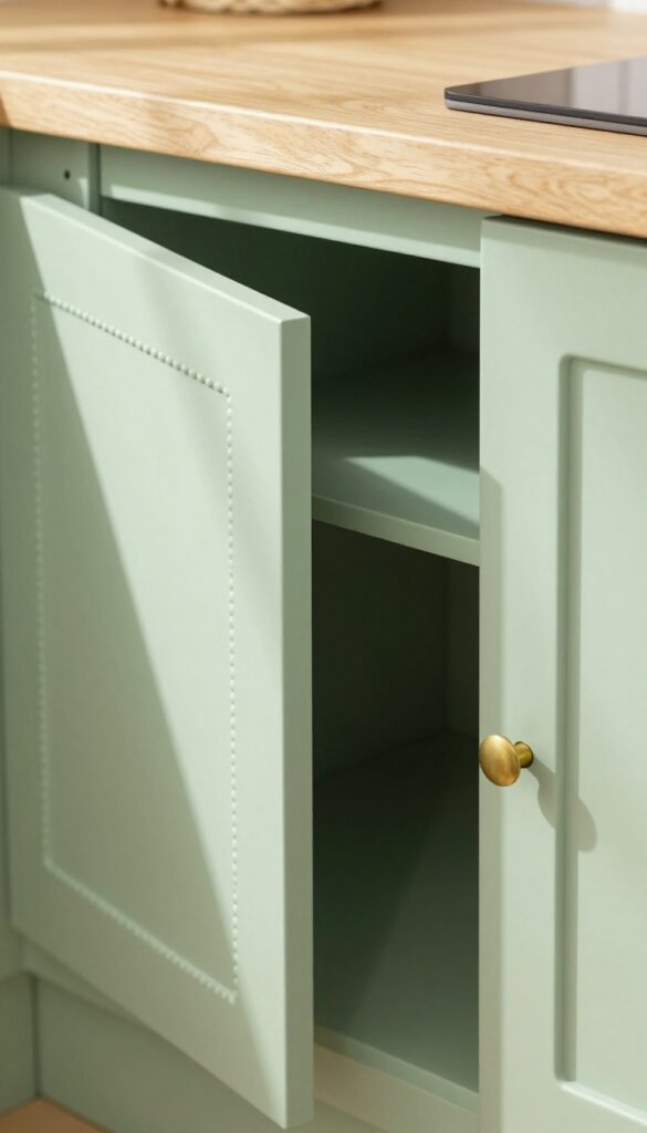 Close-up of a sage green beaded inset kitchen cabinet door with brass hardware, soft natural light, and wood countertop.