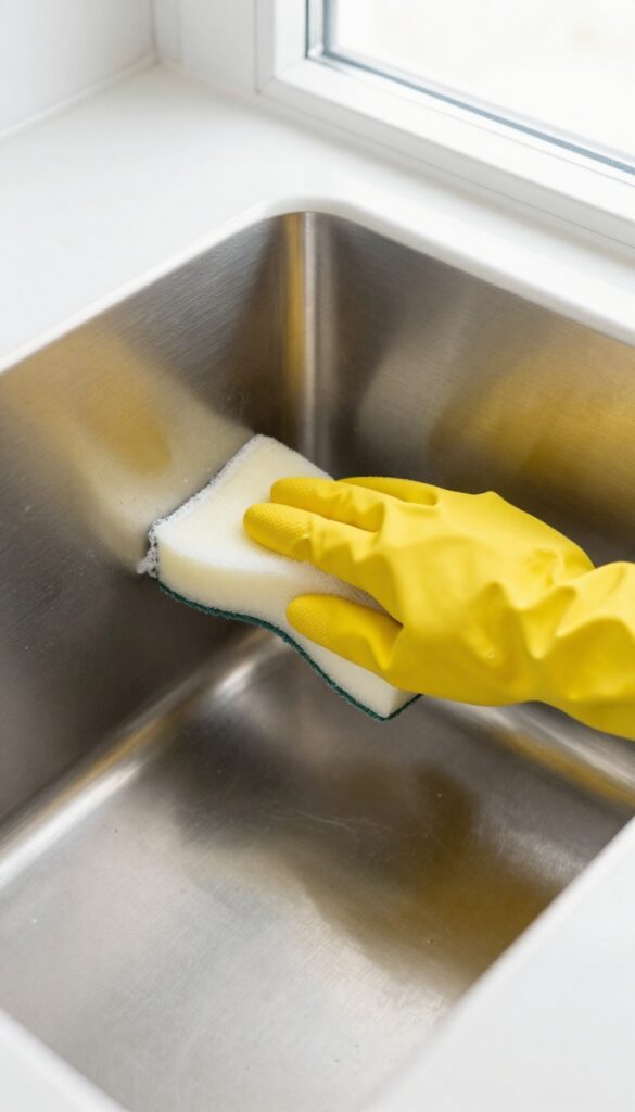 Person wiping the interior walls and bottom of a dishwasher with a sponge, removing grime and soap scum.