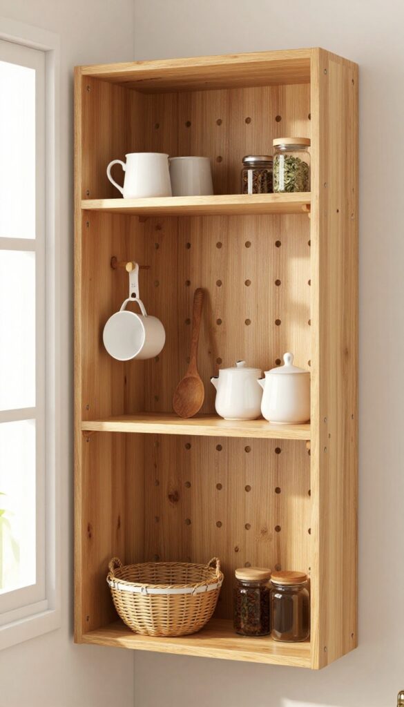 Small pegboard in a cozy pantry with hanging measuring cups, wooden spoon, and herb jar.