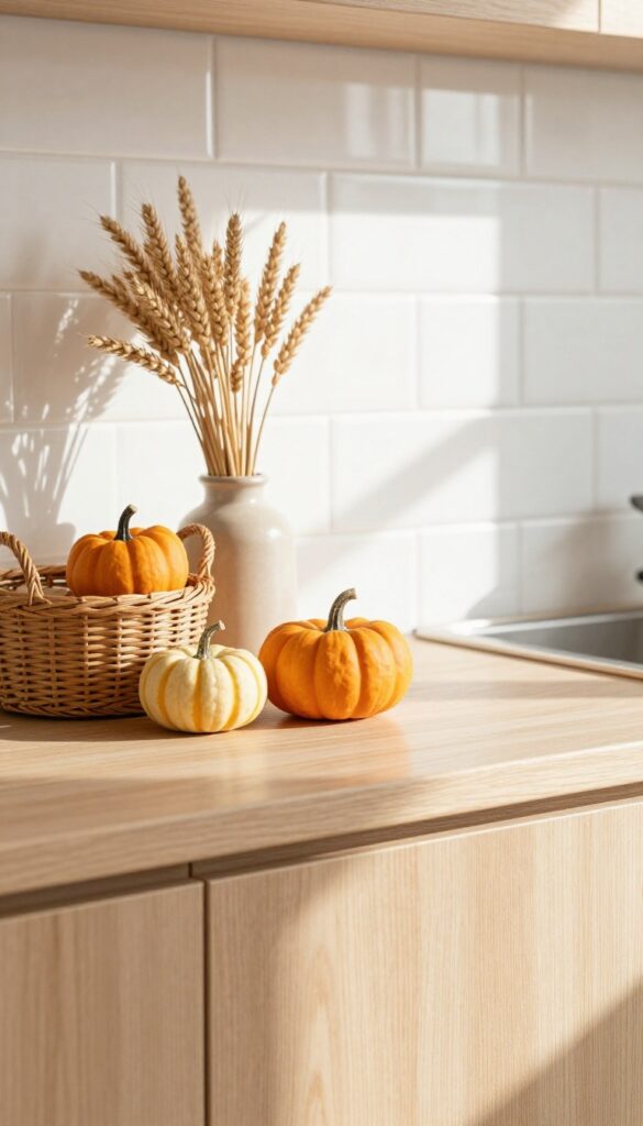 Seasonal decor on top of kitchen cabinets with mini pumpkins and dried wheat in a woven basket