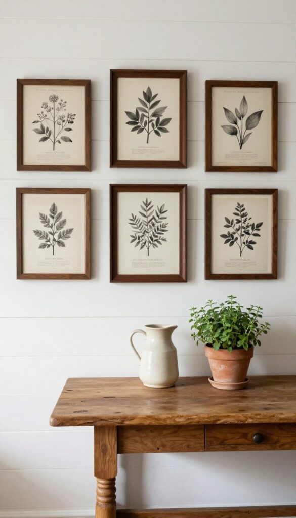 Farmhouse kitchen gallery wall with black-and-white botanical prints in matching wood frames above a rustic buffet table