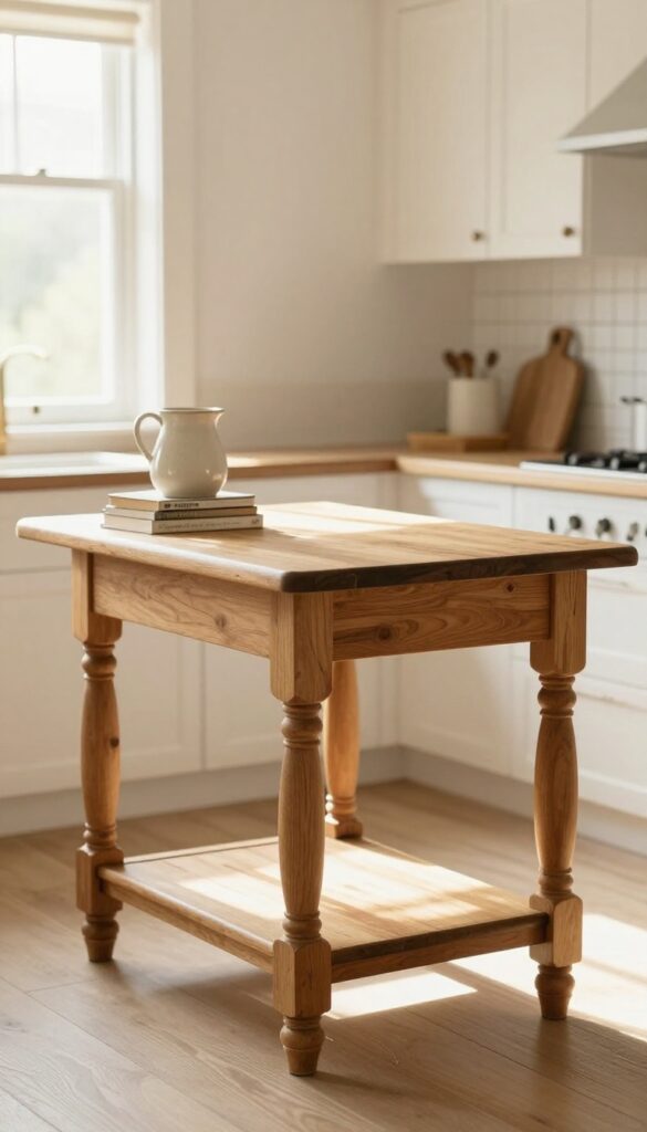 Kitchen island with turned wood legs and butcher block countertop in a sunny farmhouse kitchen