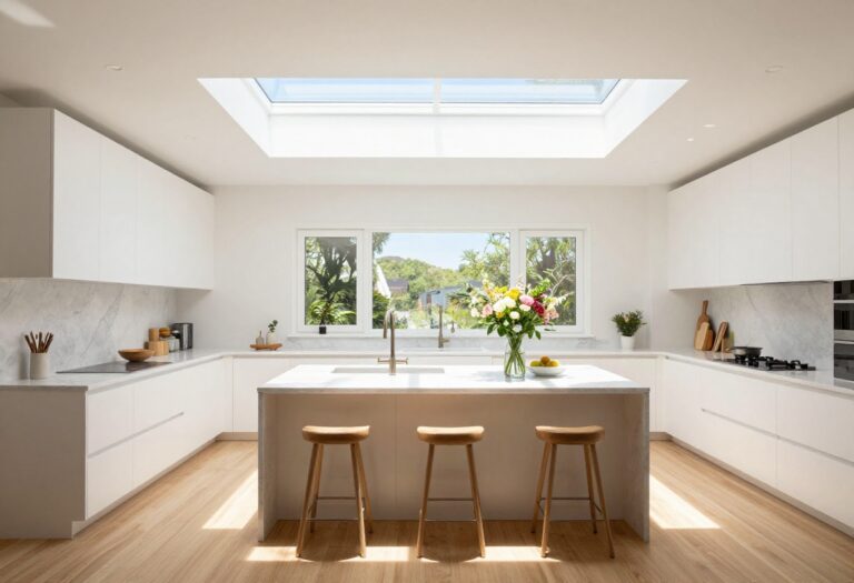 Bright modern kitchen with skylight over island