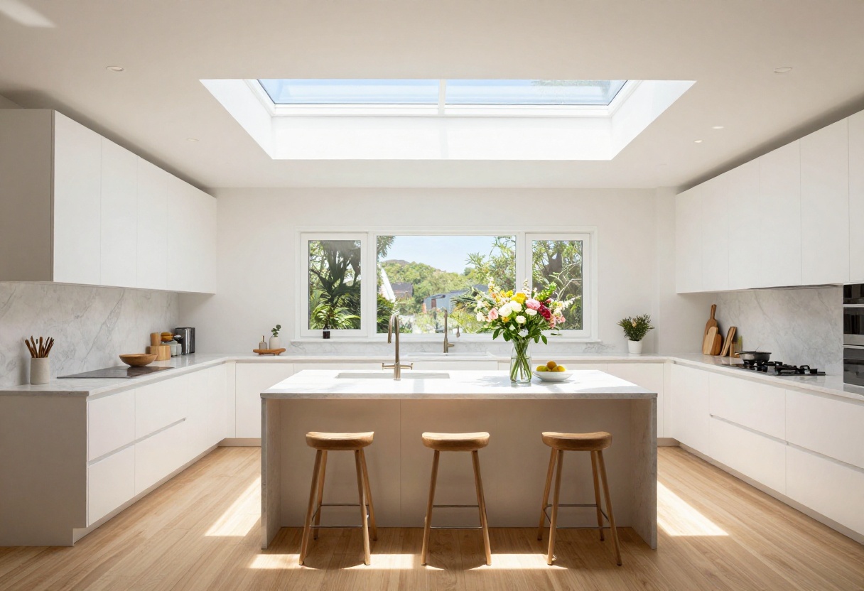 Bright modern kitchen with skylight over island