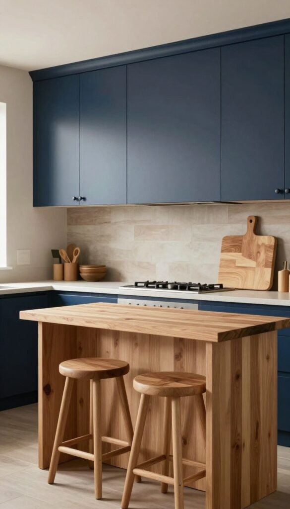 Navy blue kitchen cabinets with natural wood accents like bar stools and cutting boards