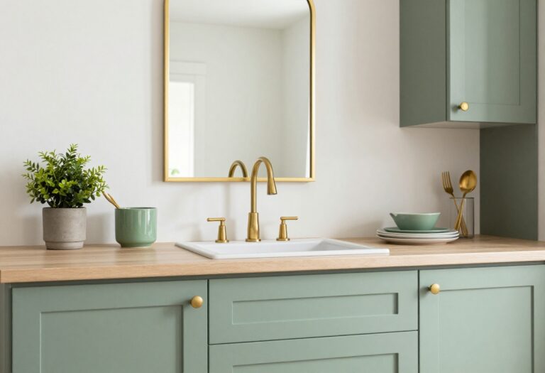 Bright kitchen with sage green cabinets, brass hardware, gold-framed mirror, and green ceramic crock with gold utensils.