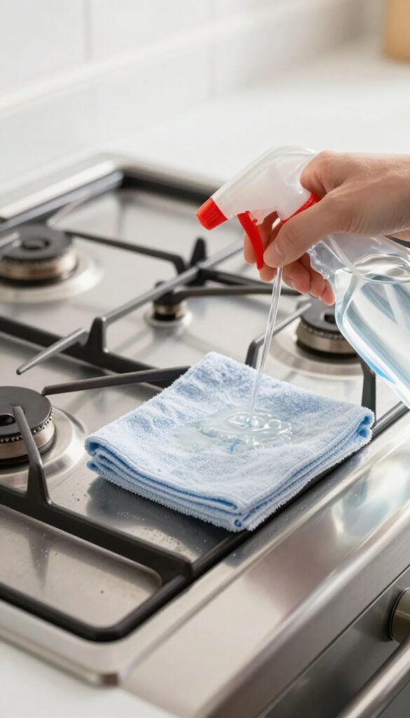 Spray bottle and microfiber cloth cleaning a stainless steel stovetop with vinegar solution