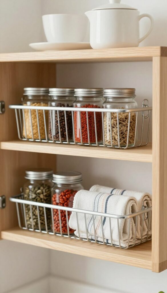 Under-shelf wire baskets holding spices and towels in a bright kitchen