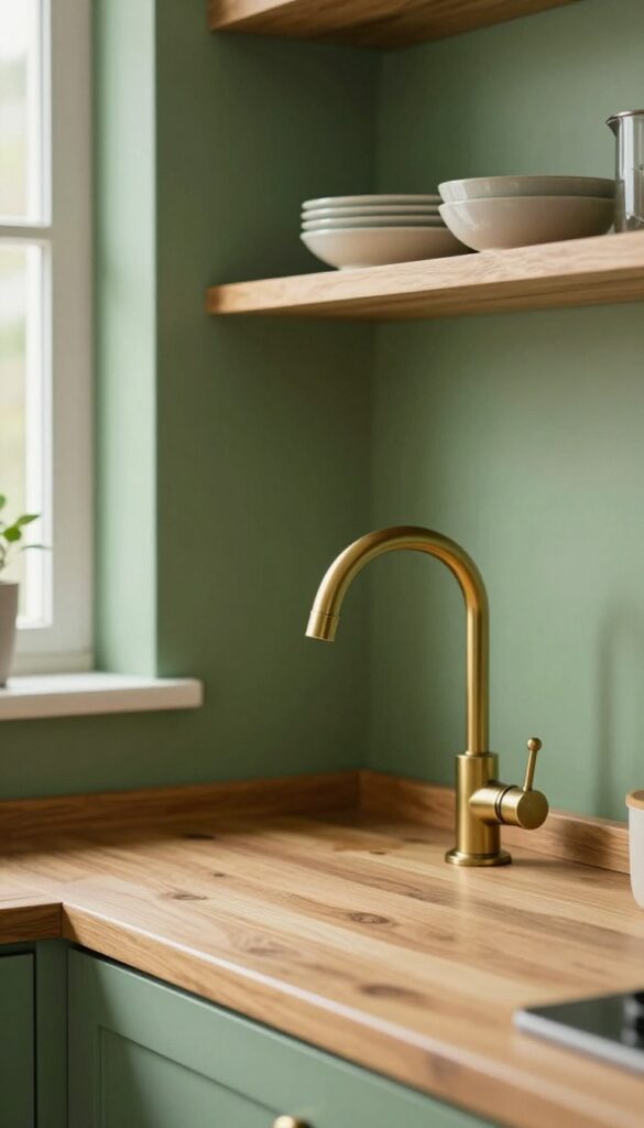 Small kitchen with green wall, brass faucet, and warm wood countertops