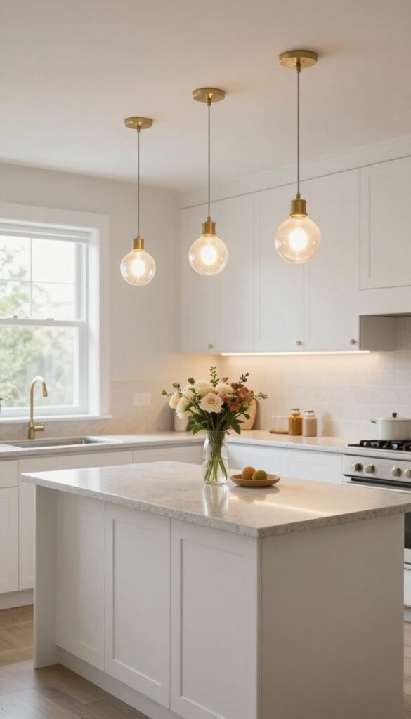 White and grey kitchen with layered lighting: pendant lights over island, under-cabinet LEDs, and dimmable ceiling fixture, creating a warm, inviting glow.