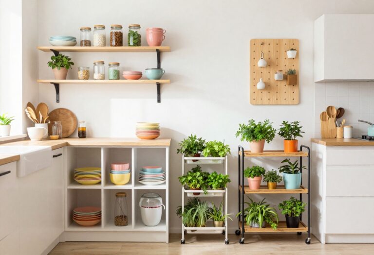 Bright kitchen with open shelving, rolling cart, and pegboard storage in pastel colors