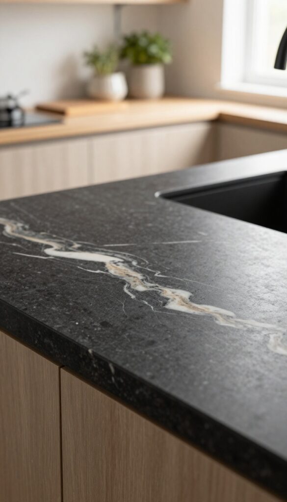 Close-up of veined black quartz countertop with warm wood accents and soft natural light