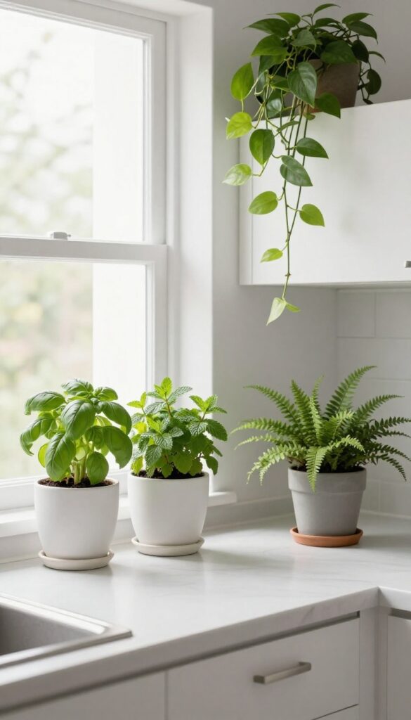 A white and grey kitchen with fresh herbs on the windowsill, a fern on the counter, and a trailing pothos on top of cabinets, creating a warm and lively atmosphere.