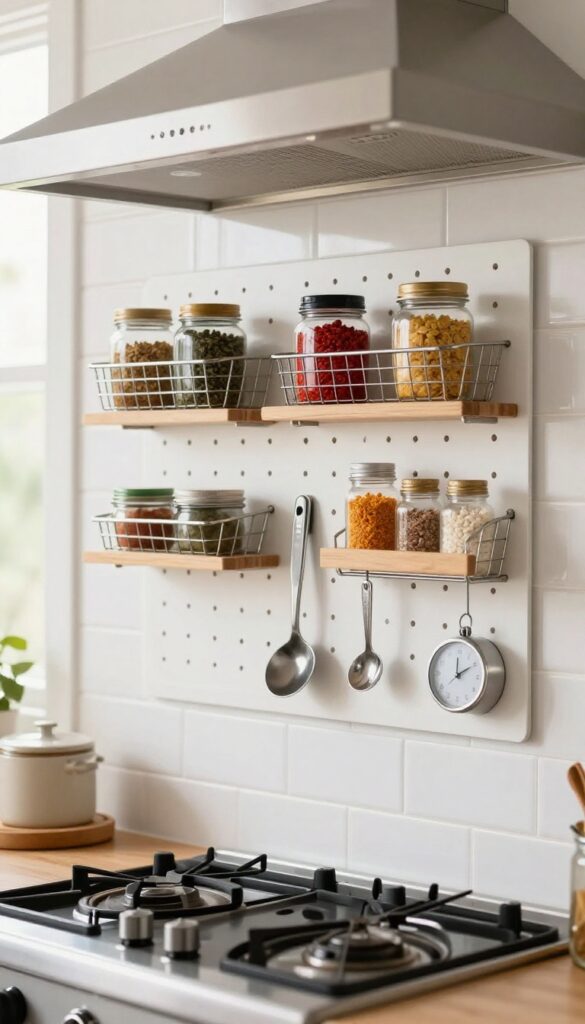 Narrow pegboard spice rack above stove with small baskets and shelves holding spice jars and hooks for utensils