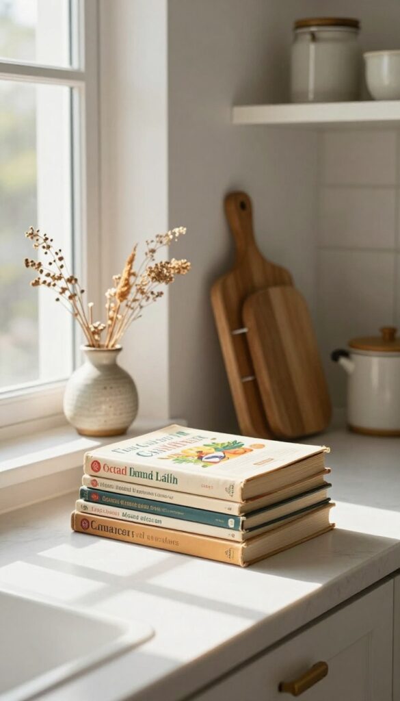Open kitchen counter with stacked cookbooks, one propped open, dried flowers, and a wooden cutting board in warm natural light.