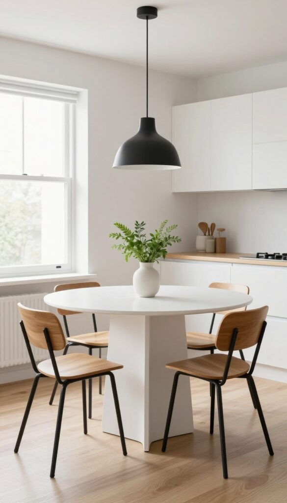 Compact round drop-leaf table in white finish, folded down against wall under window, with slim stackable chairs and pendant light in modern kitchen nook