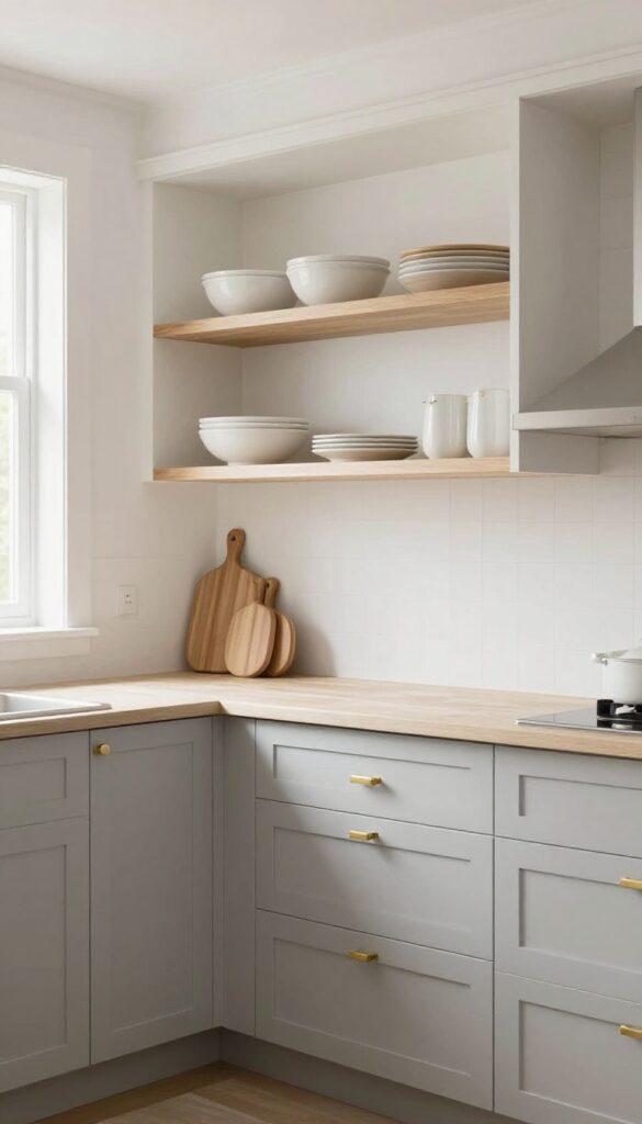 Soft gray lower cabinets with brass hardware and white uppers in a bright cozy kitchen