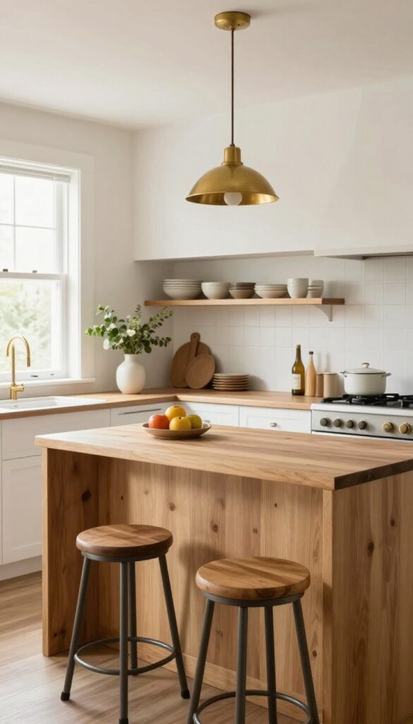 Angled kitchen peninsula with seating in an awkward layout, warm and lived-in style