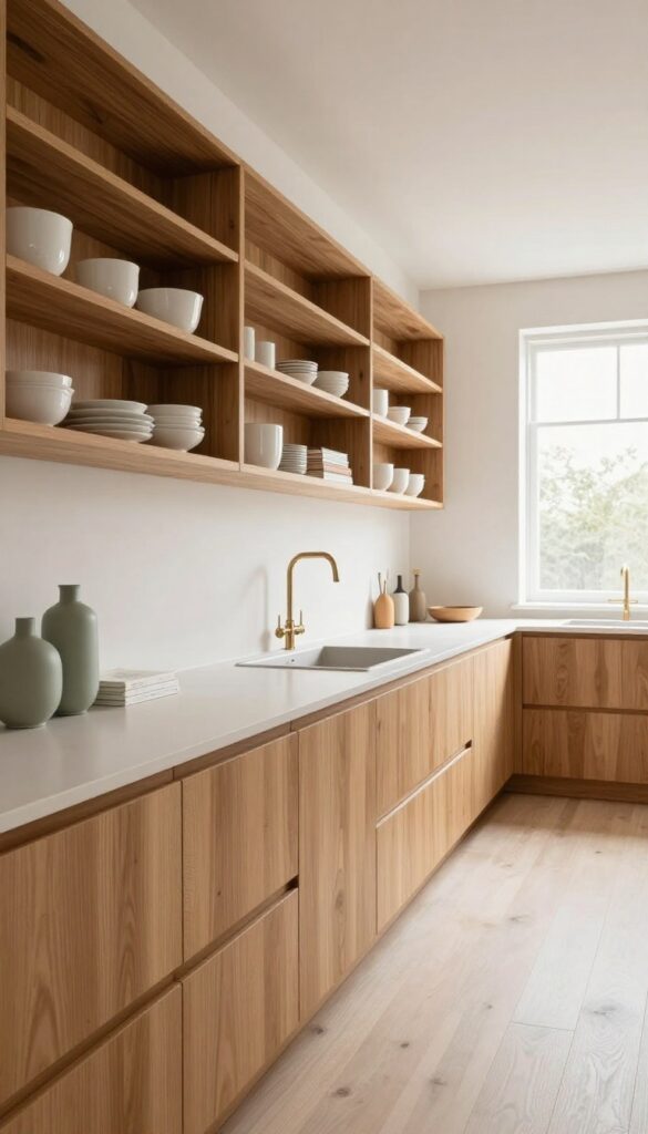 Long narrow kitchen with open shelving displaying white ceramics and cookbooks, natural light, minimalist styling