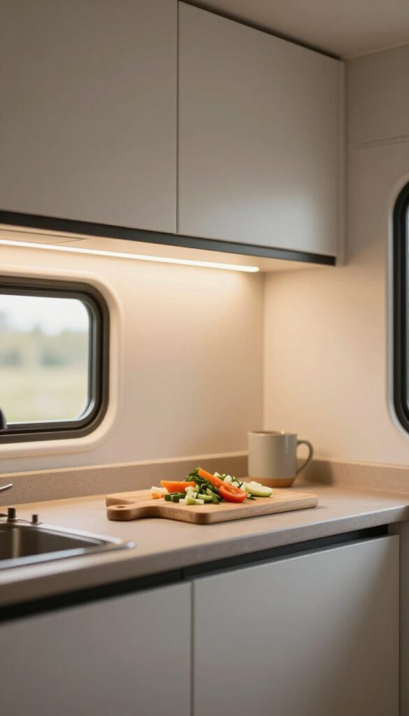 Under-cabinet LED strip lighting in a camper kitchen, illuminating a countertop with vegetables and a mug.