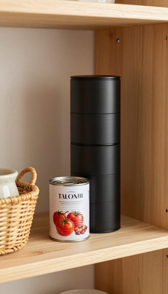 Stackable can dispenser on narrow pantry shelf with canned goods, woven basket, and ceramic crock in natural light.