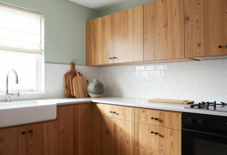 Warm oak kitchen with sage green walls and matte black hardware