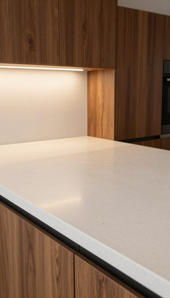 Warm under-cabinet lighting on brown kitchen cabinets with pale quartz countertop