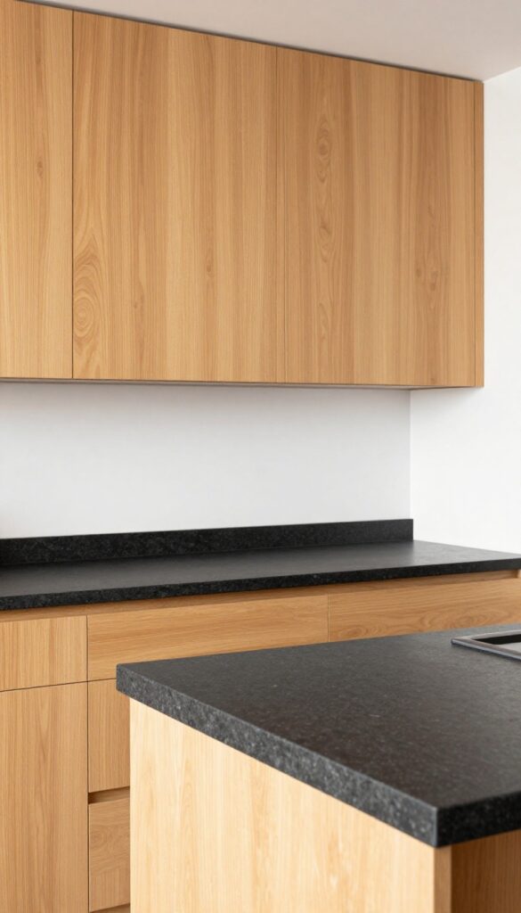 Bright kitchen with oak cabinets and dark natural stone countertops