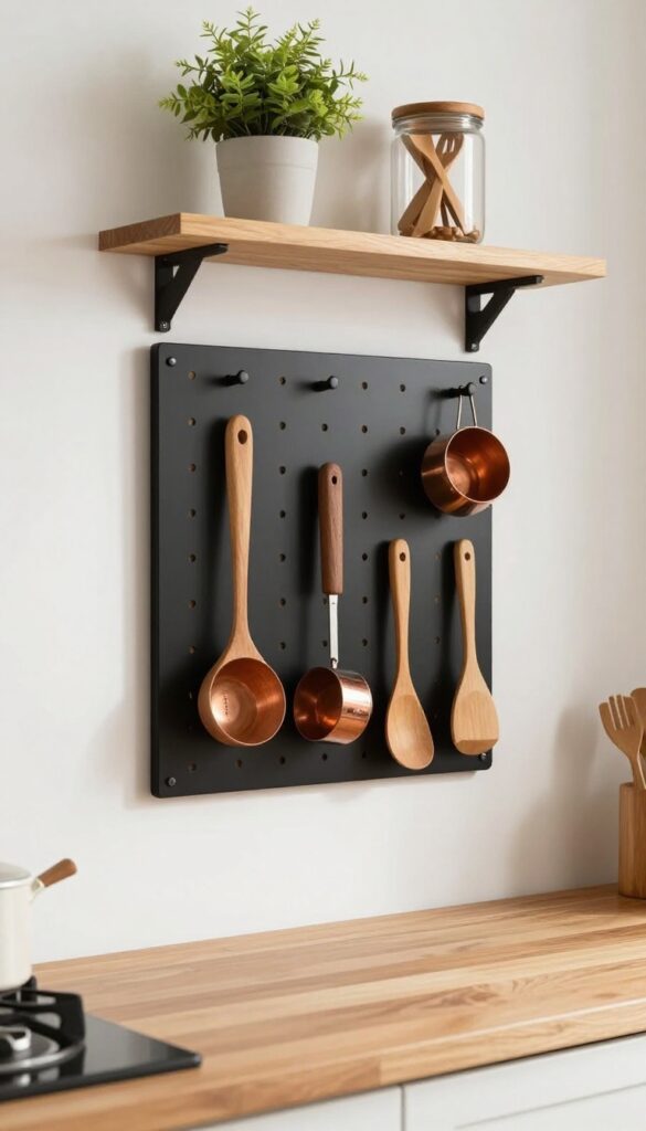 Black pegboard wall in a warm kitchen holding wooden utensils and copper tools, with a small shelf above for decor.