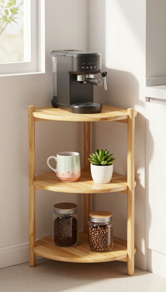 Tall slim bamboo corner shelf with coffee machine, mugs, and plant in bright kitchen