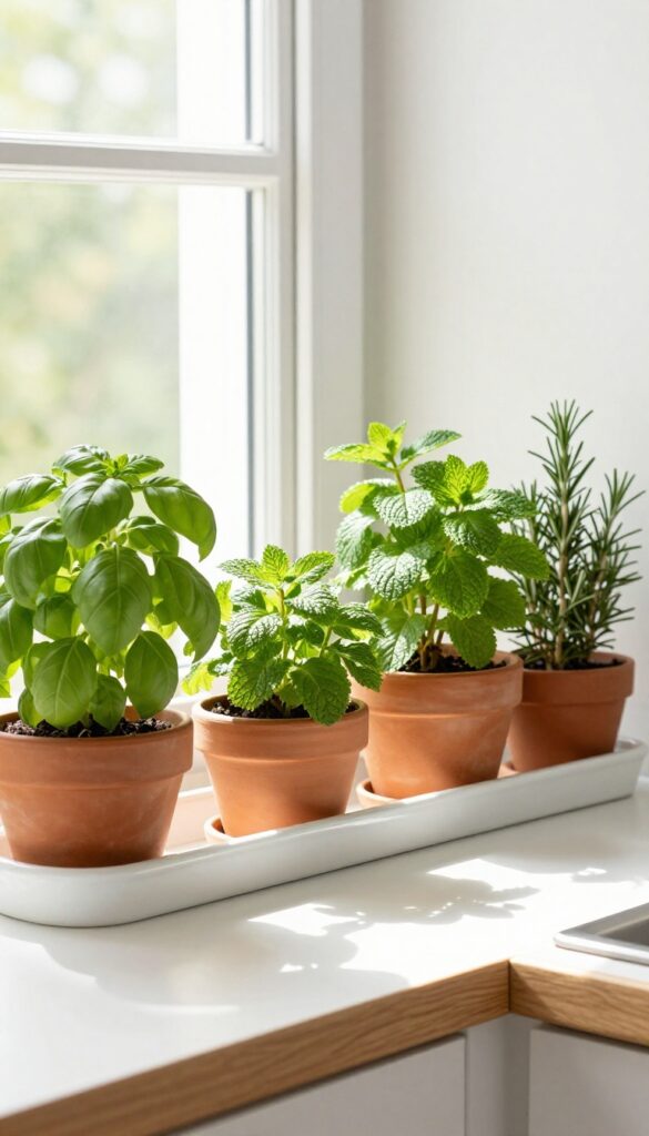Small herb garden on a kitchen windowsill with terracotta pots of basil, mint, and rosemary in natural light.