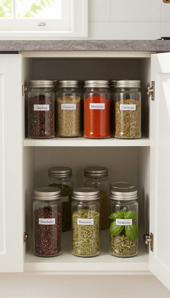 Two-tier lazy Susan in a corner kitchen cabinet with organized spice jars, bright natural lighting, photorealistic interior design photography