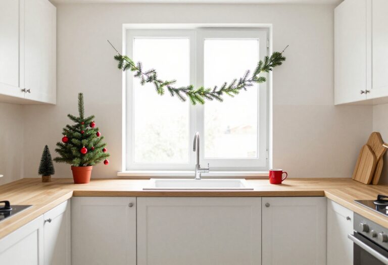Small kitchen with Christmas garland on window and mini tree on counter