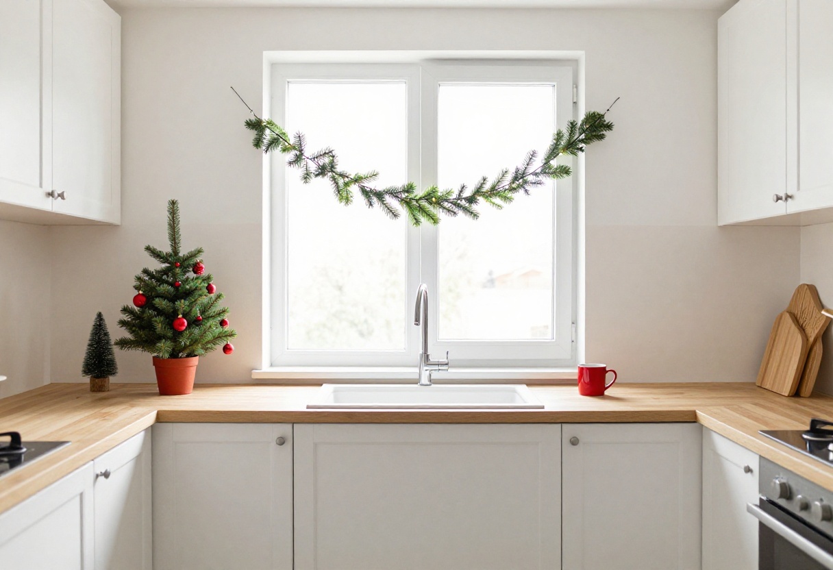 Small kitchen with Christmas garland on window and mini tree on counter
