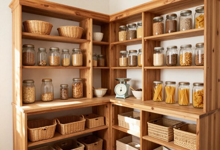 Cozy farmhouse pantry with open shelving, glass jars, and woven baskets