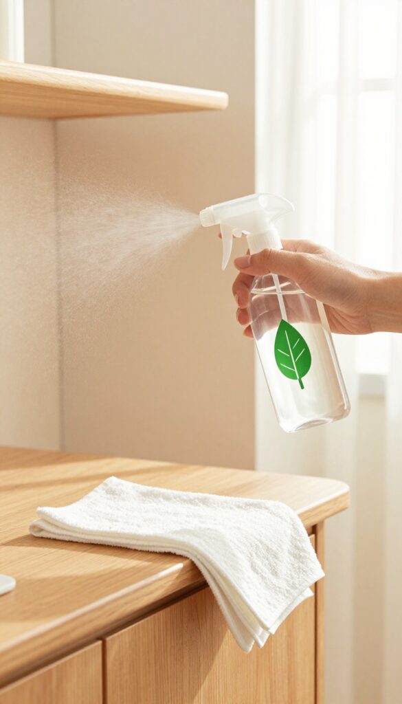 Hand spraying a natural cleaner on a wooden kitchen cabinet with a microfiber cloth nearby